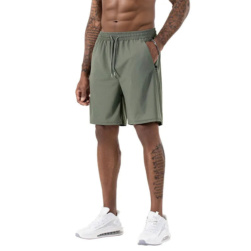 Men's black ice silk quick-drying shorts with drawstring waist and cropped length for sports activities