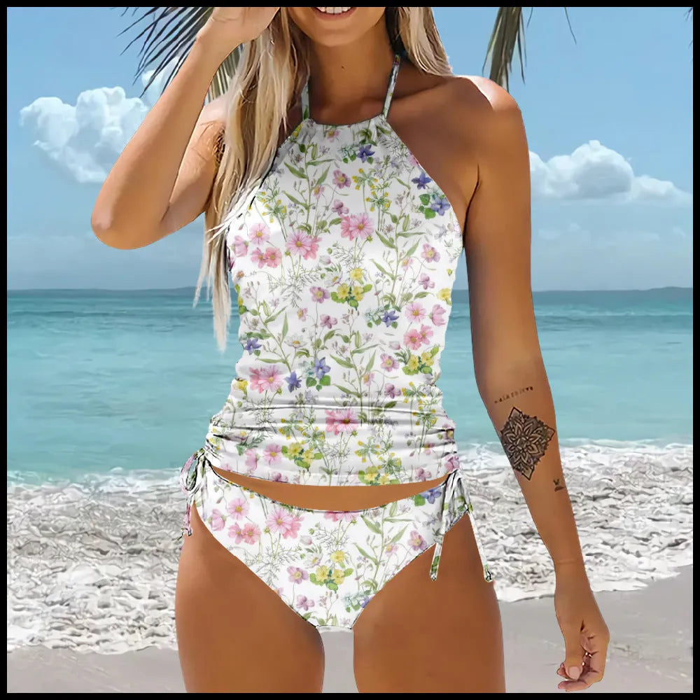 Pattern bikini beach swimsuit set in high-waist backless style, polyester fibre, multiple colour options