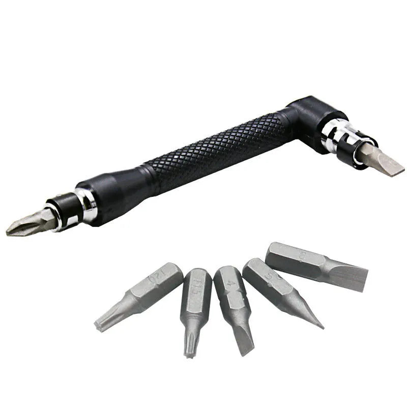 L-shaped double-headed socket wrench with ten screwdriver bits on white background