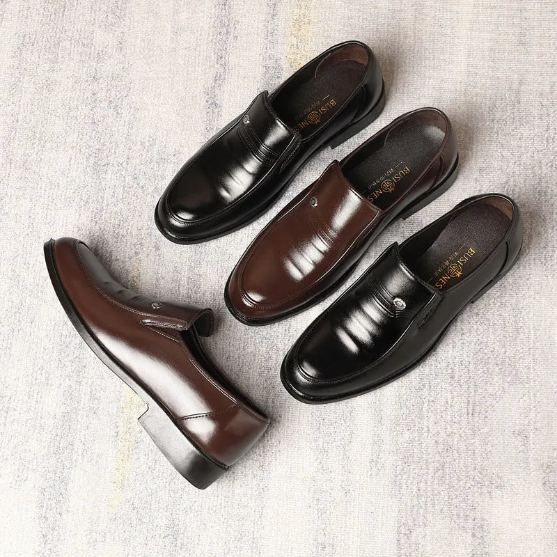 Men's black and brown plus size casual leather shoes with rubber soles showing leather toe holder detail