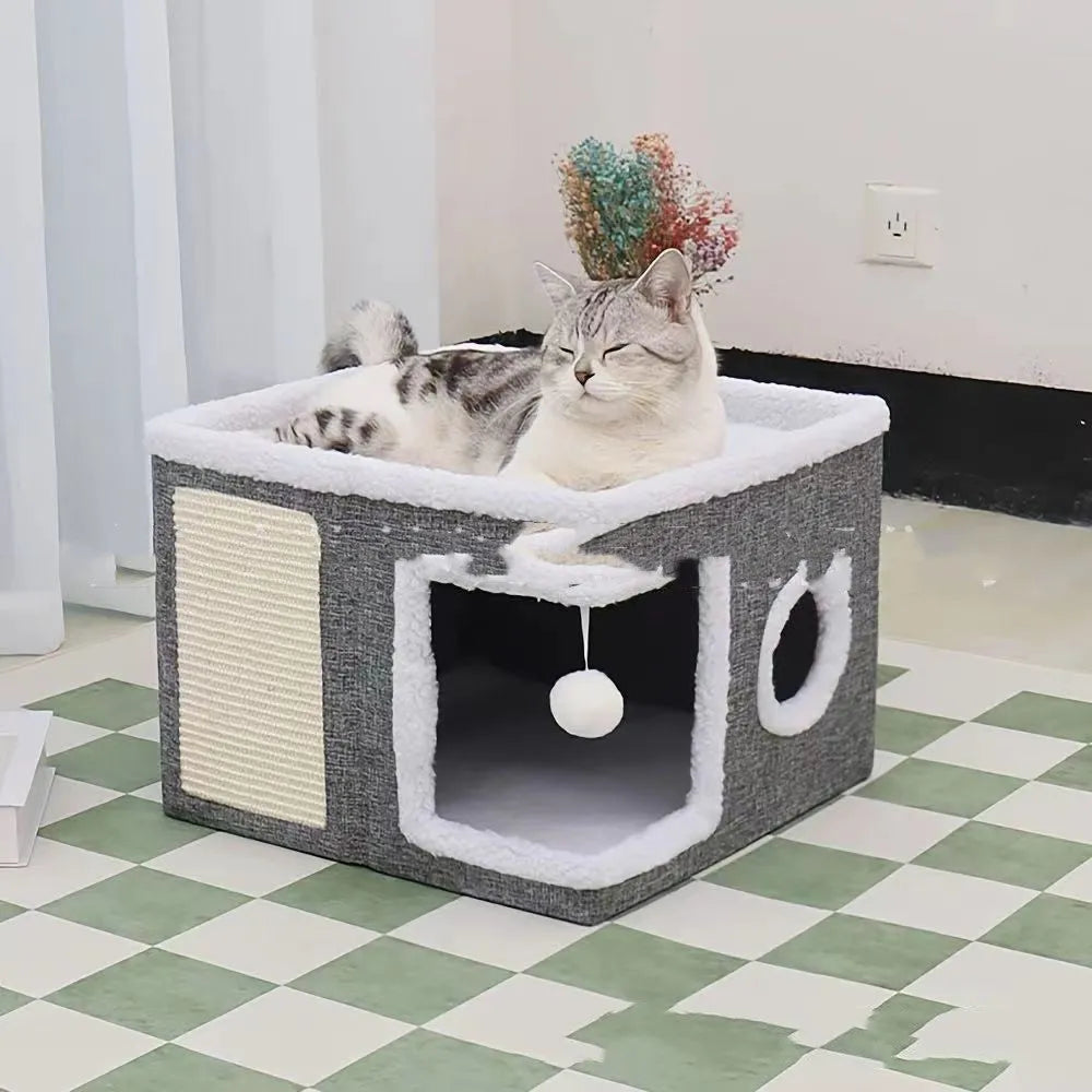 Dark grey double-layer foldable cat nest villa 39x39x32cm cloth cat house