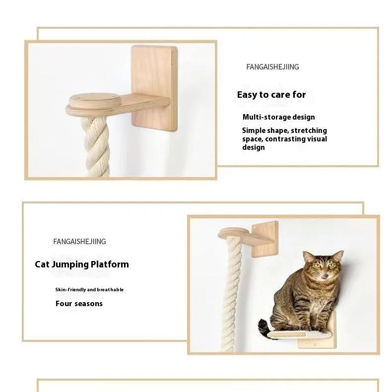 Wall-mounted cat climber jumping platform with natural sisal hanging rope for indoor cats