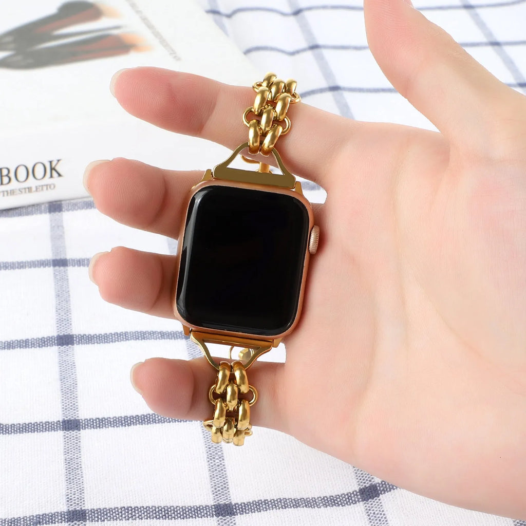 Stainless steel double row chain watch band for Apple Watch in silver on sport-style background