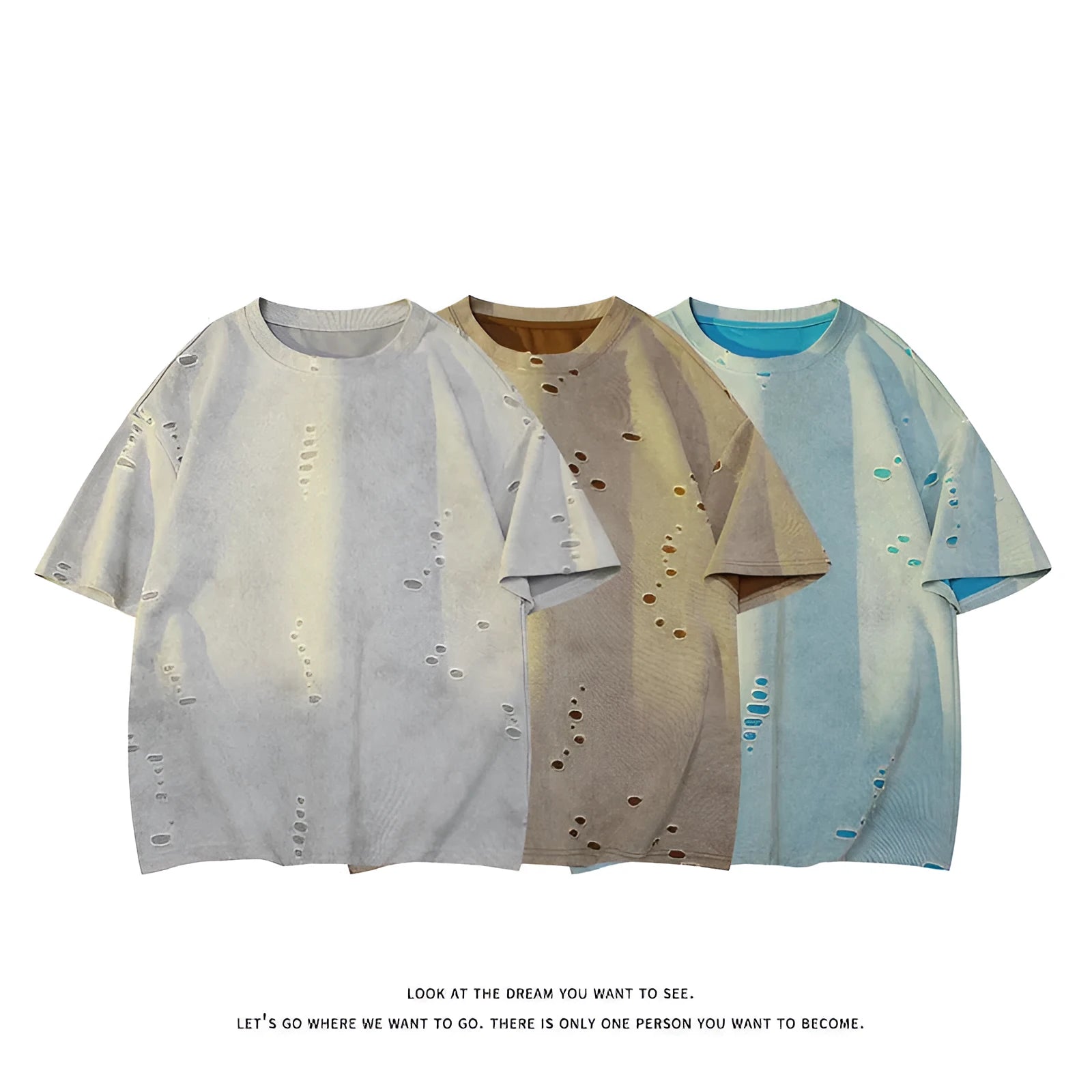 Men's blue loose fit cotton blend T-shirt with ripped detail on short sleeve, laid flat.
