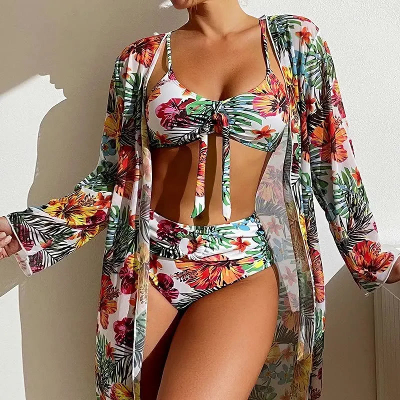 Women's plus size long blouse split bikini swimsuit in polyester leisure style