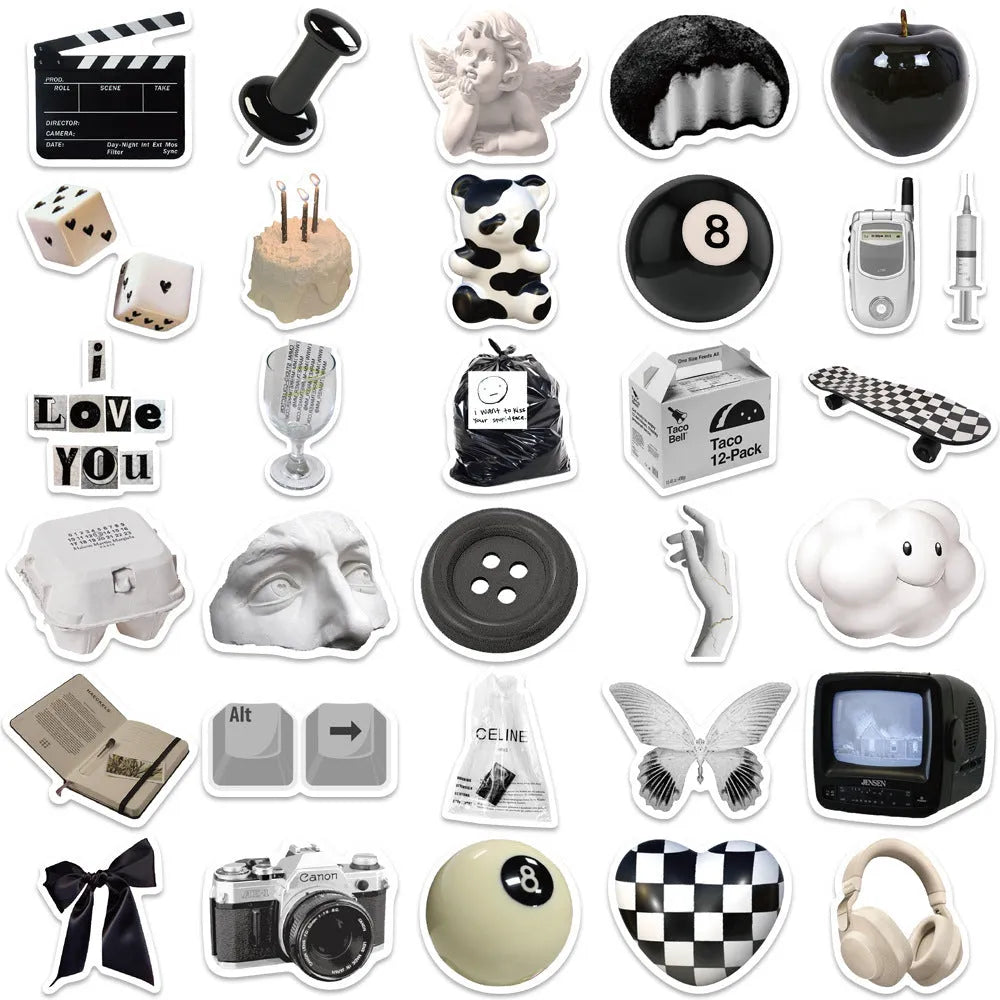 61-piece pack of black and white PVC waterproof decorative stickers laid flat.