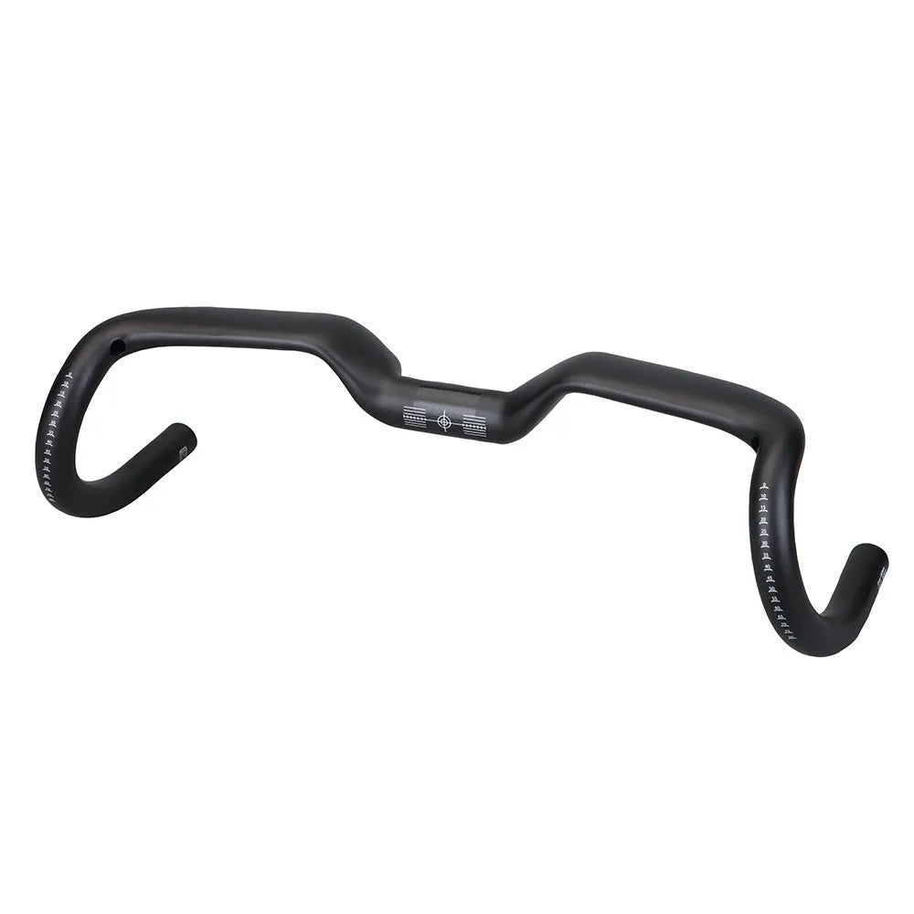 Black carbon fibre road bike handlebars showing large outer swing angle design