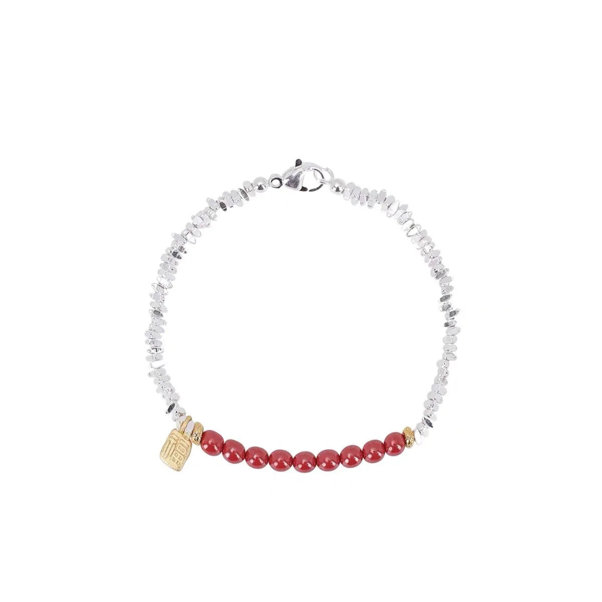 Silver-toned couple bracelet with geometric charm and round beads on white background