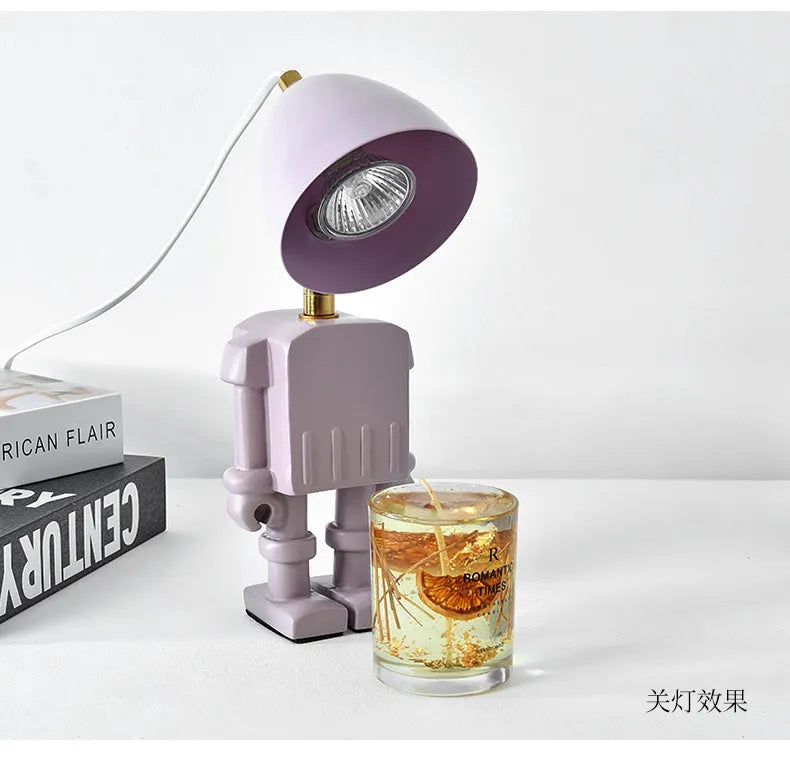 Robot aromatherapy wax lamp in white with resin hardware, dimmable fragrance table lamp 30.5cm tall