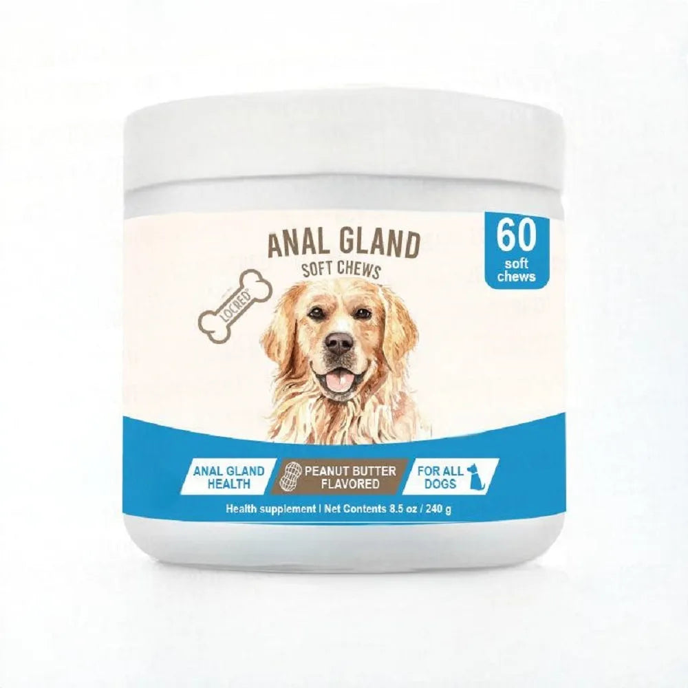Soft chewable dog gland support tablets in a 60-count bottle for canine anal gland health