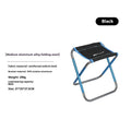 Black aluminium alloy folding camp stool shown in open and folded positions.