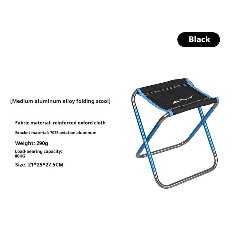 Black aluminium alloy folding camp stool shown in open and folded positions.