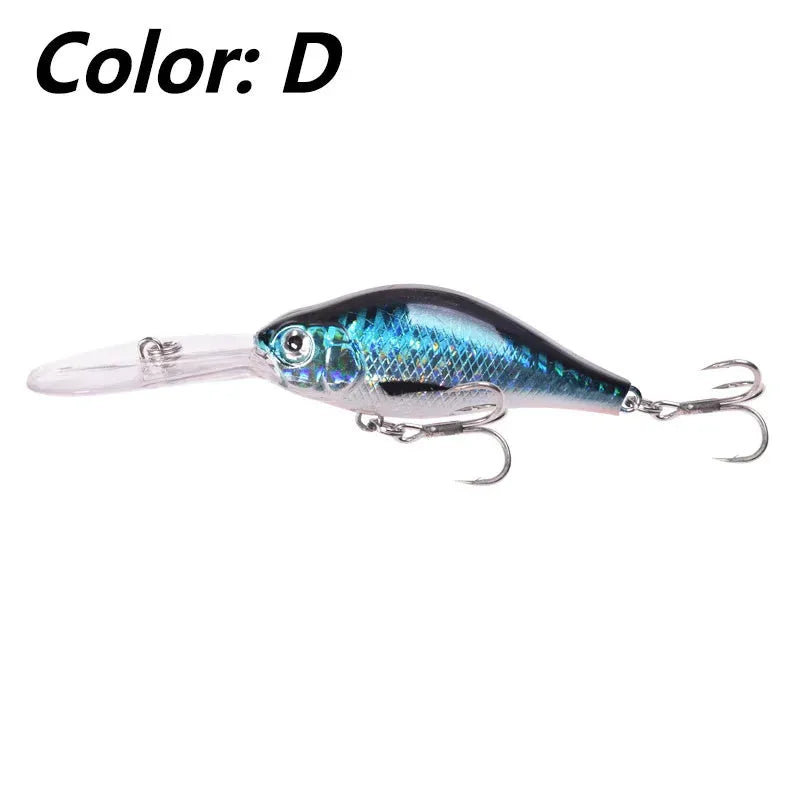 Little Fat Man Deep Diving Mino fishing lure showing long tongue board and colour options.