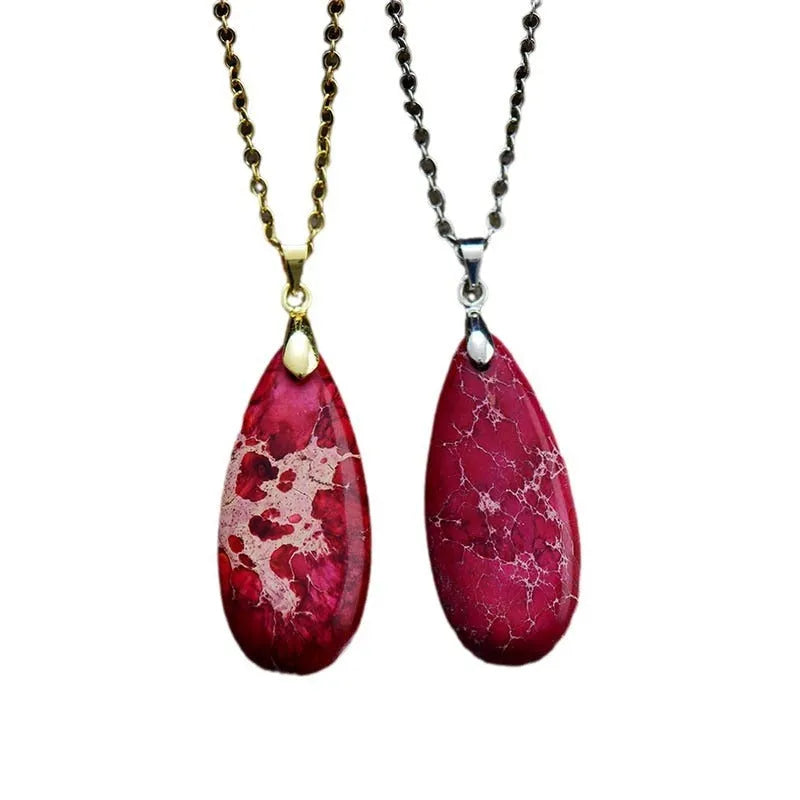 Emperor Stone water drop shaped jade pendant necklace with 18K gold plating on a chain.