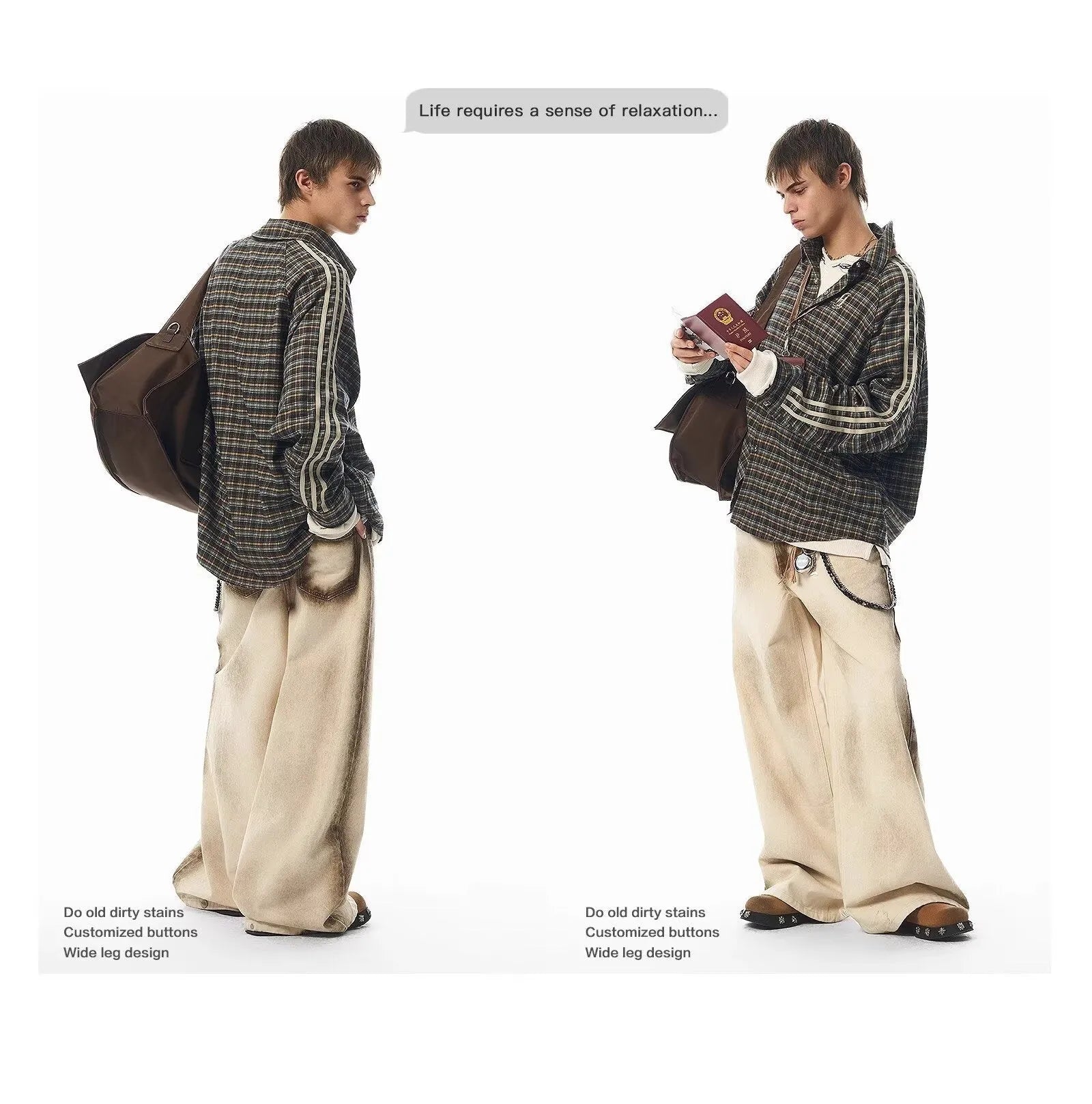 Loose straight retro street floor-length pants in beige cotton with wrinkle-free treatment, mid-rise waist, and loose leg