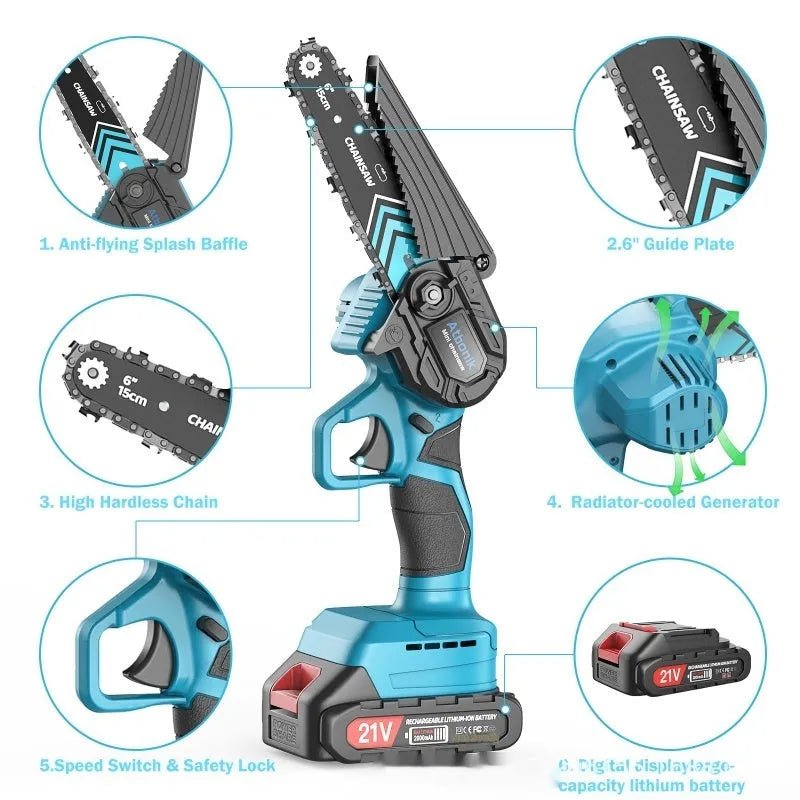 Cordless handheld mini electric chainsaw with 6-inch chain, two batteries, charger, safety goggles, gloves, and storage box