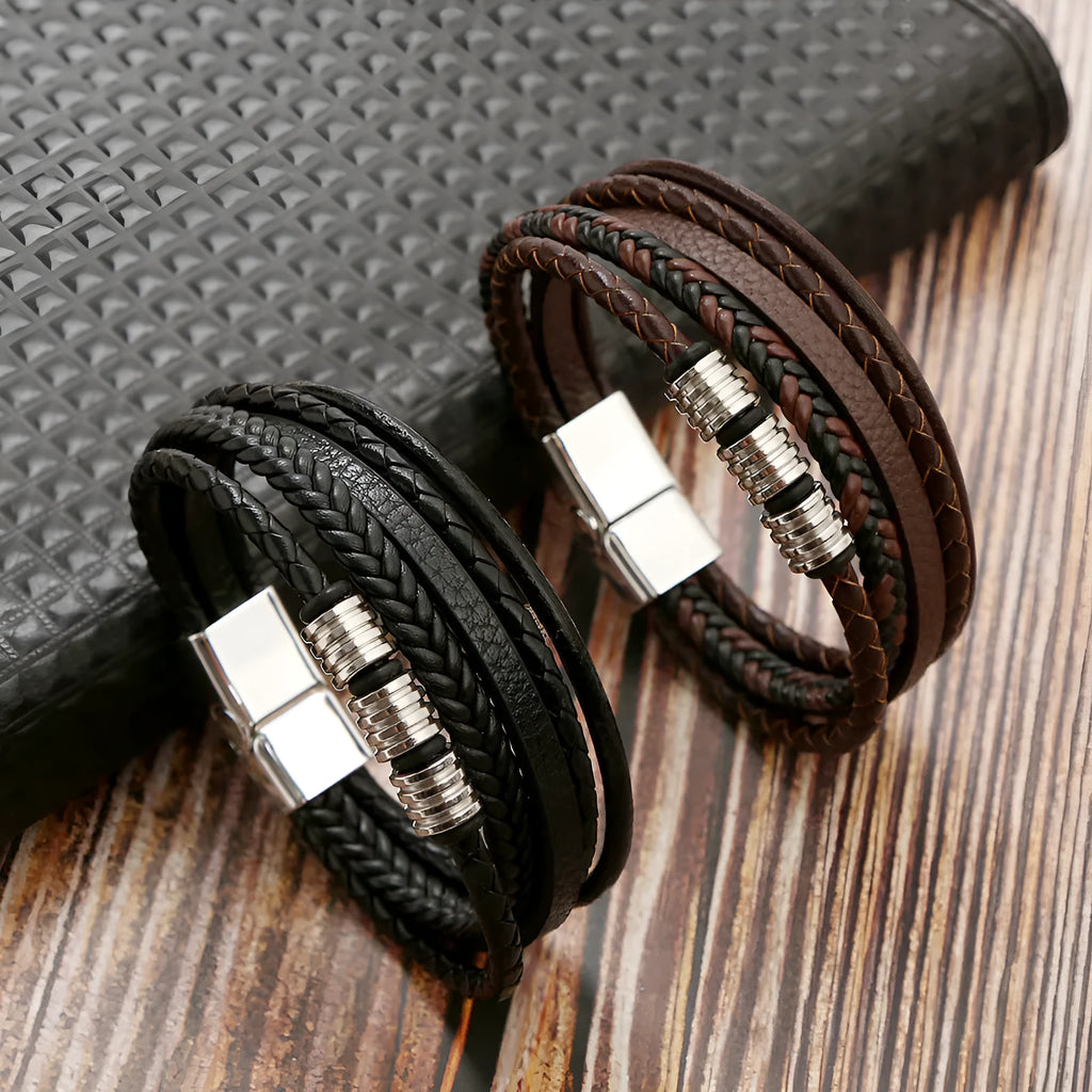 Men's woven leather bracelet with alloy magnetic buckle, geometric design, electroplated finish, in black or brown.