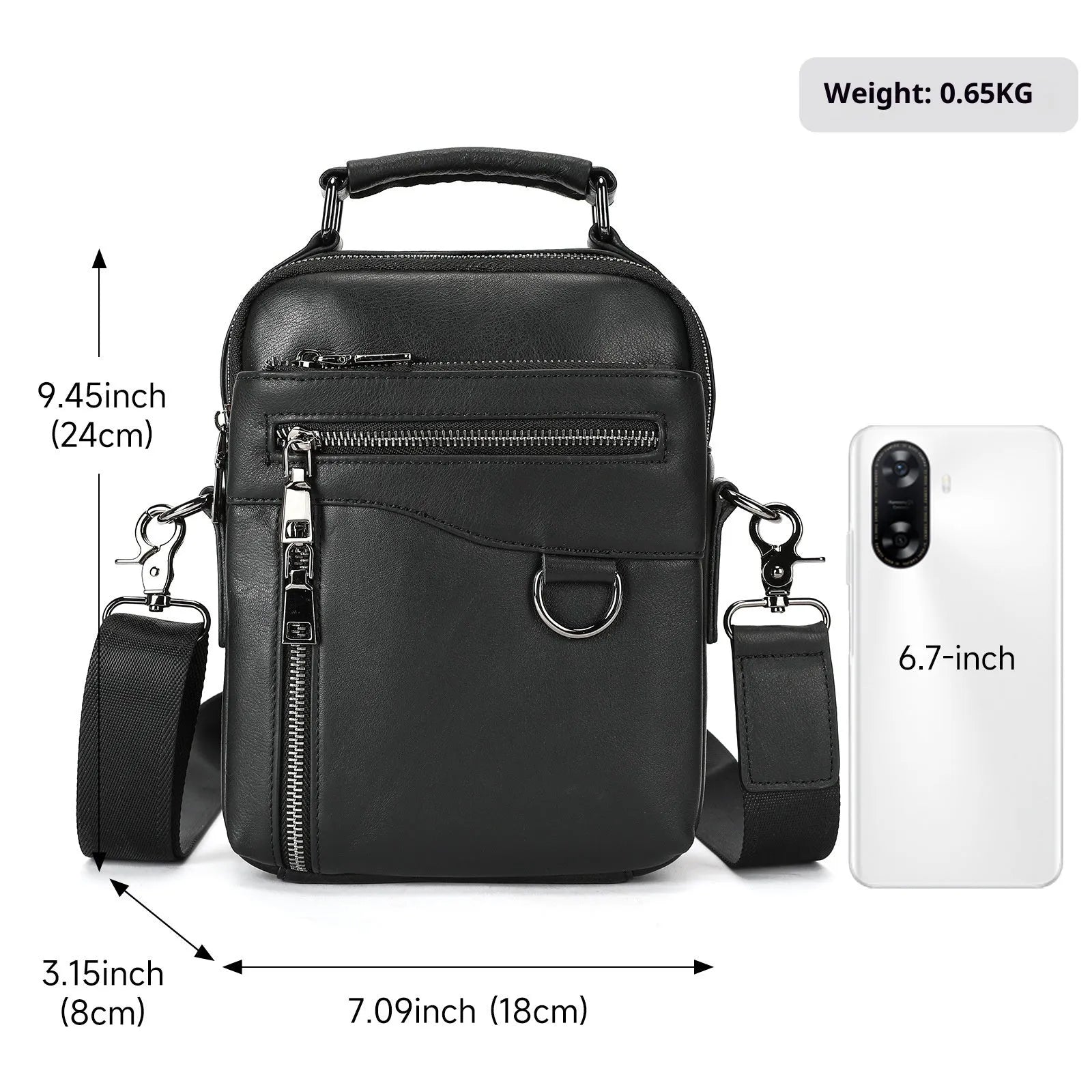 Men's black genuine leather single crossbody messenger bag with stitching detail for business travel