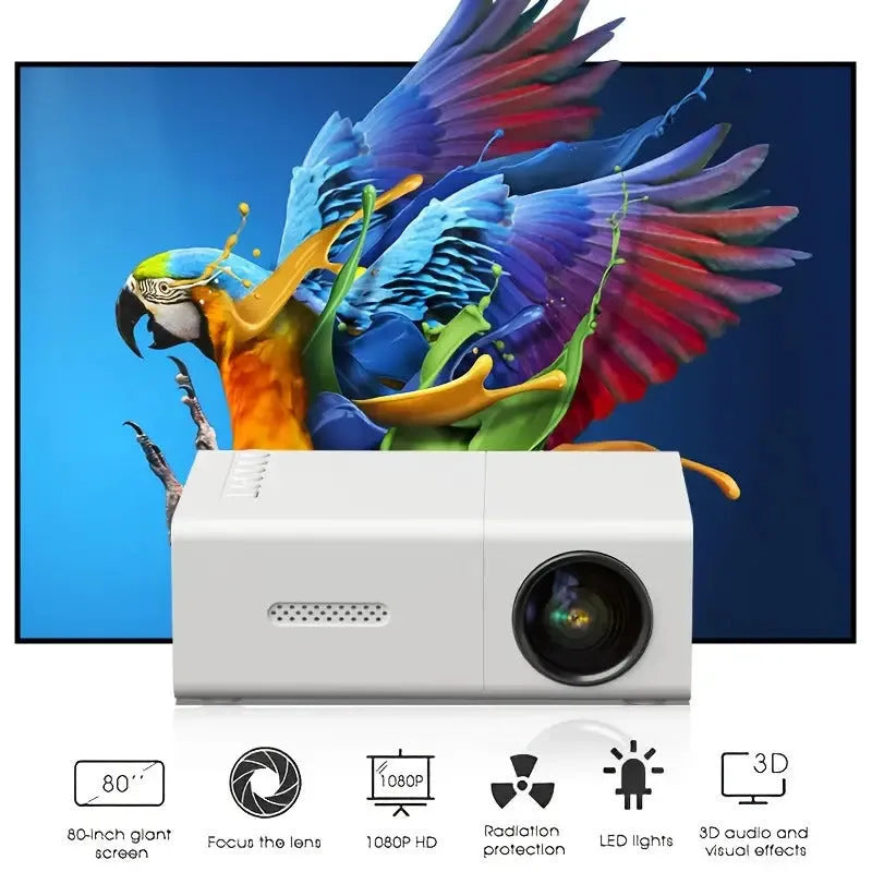 White and black M100 portable LED mini projector with remote control on a table.