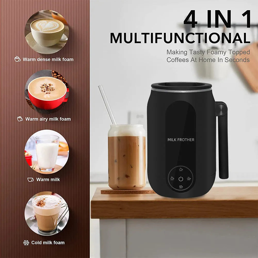 Black automatic electric milk frother with 450ml capacity, 304 steel liner, and touch control for hot and cold frothing