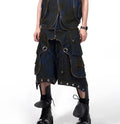 Blue hooded denim vest coat and trousers set with Korean style heavy industry deconstruction