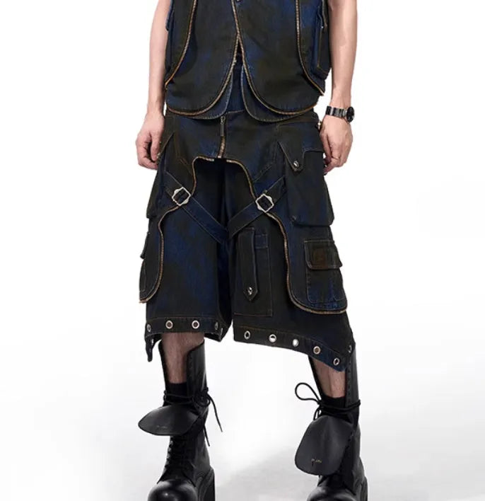 Blue hooded denim vest coat and trousers set with Korean style heavy industry deconstruction