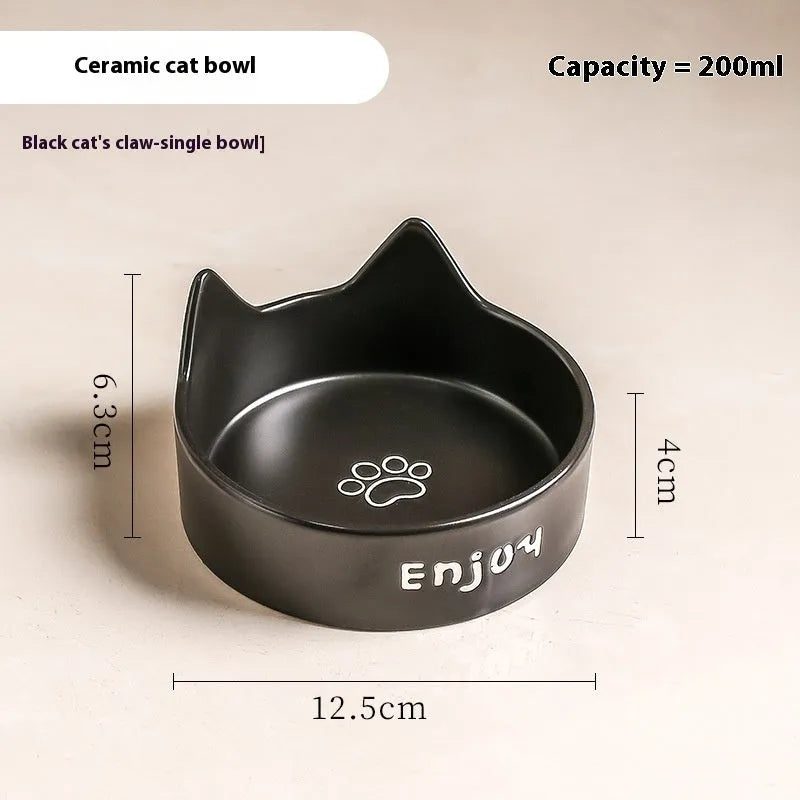 Ceramic cat bowl set with wooden anti-slip frame in cat paw design