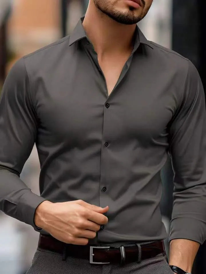 Men's business lapel shirt solid colour long sleeve polyester regular fit in white
