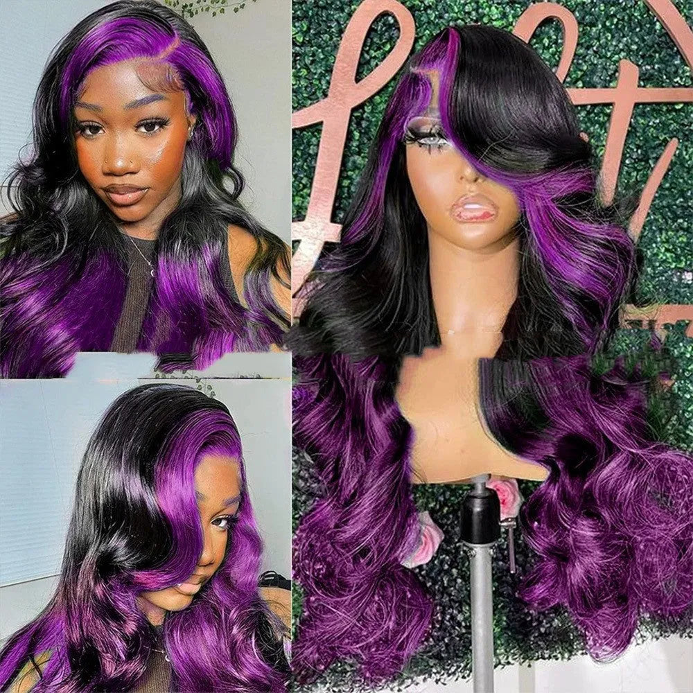 Gradient purple front lace human hair wig with 13x6 lace frontal shown in long lengths.