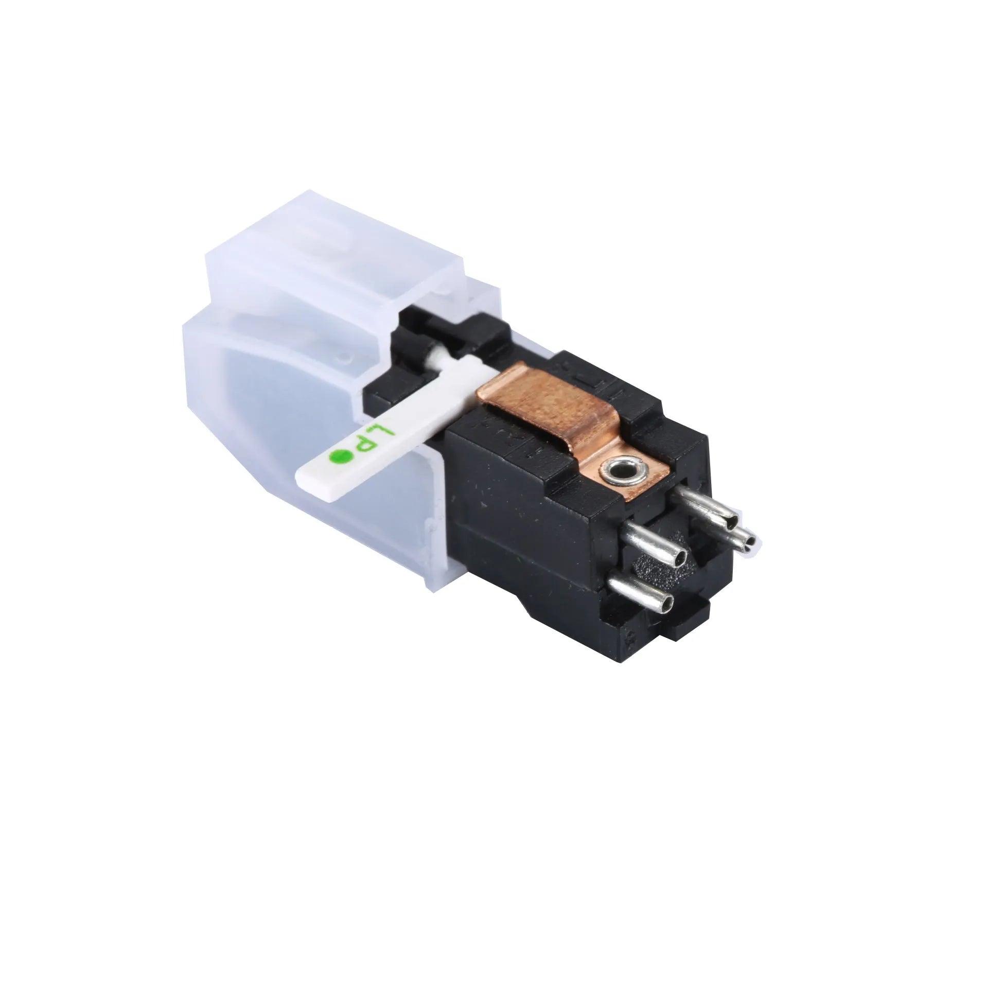 Double needle magnetic record player cartridge with ABS plastic shell.