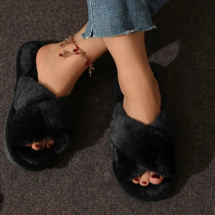 Women's cross plush slippers with open toe and EVA sole in brown colour