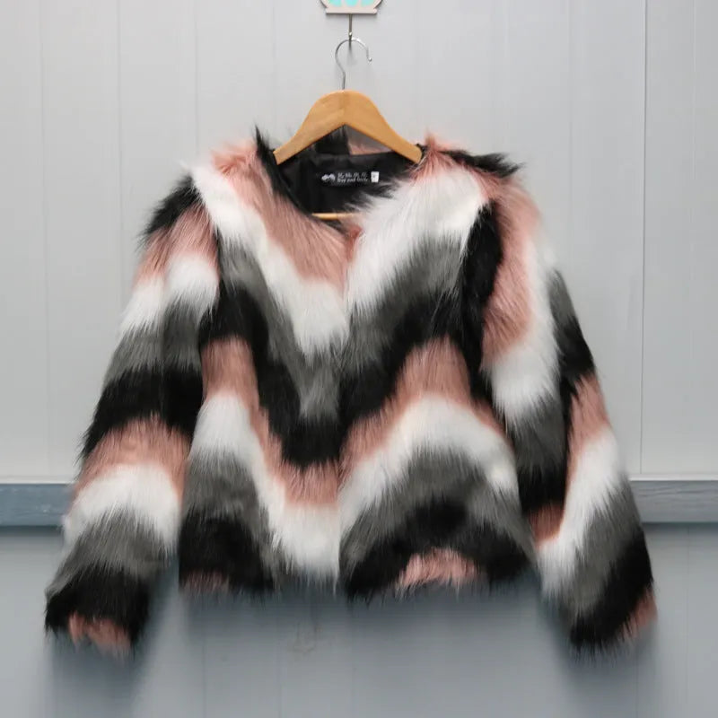 Korean style women's faux fur short coat with O-neck and long sleeves in picture colour.