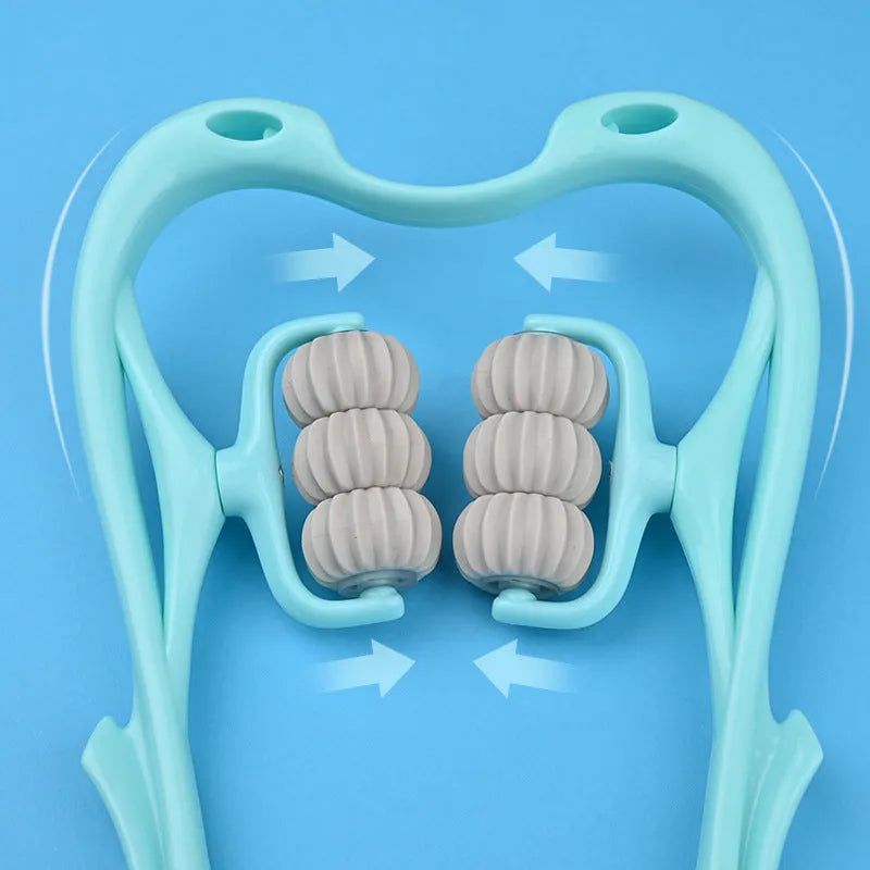 Blue six-wheel electric neck and shoulder massager with U-shaped plastic body on a white background.