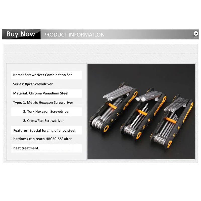 Folding 8-piece metric Allen wrench set in chrome vanadium alloy steel with fold-out hex, cross, and Plum Blossom keys