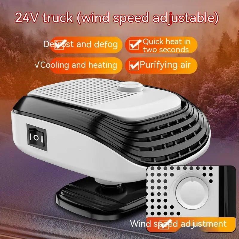Compact white or green ABS plastic 12V 24V warm air blower heater for cars and trucks.