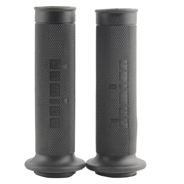 Pair of motorcycle handle grips in assorted colours, showing non-slip rubber texture and scale.