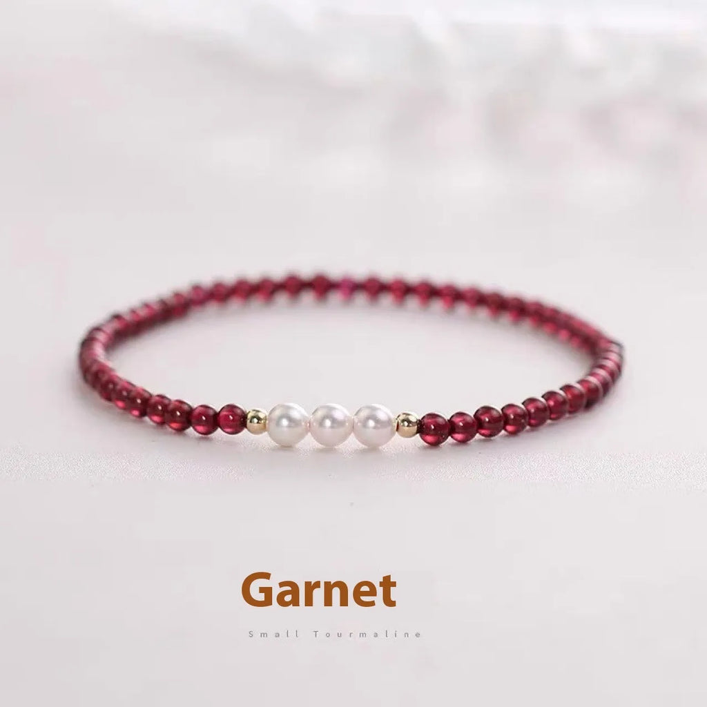 Women's crystal garnet bracelet with artificial pearl beads in 3mm or 4mm sizing options
