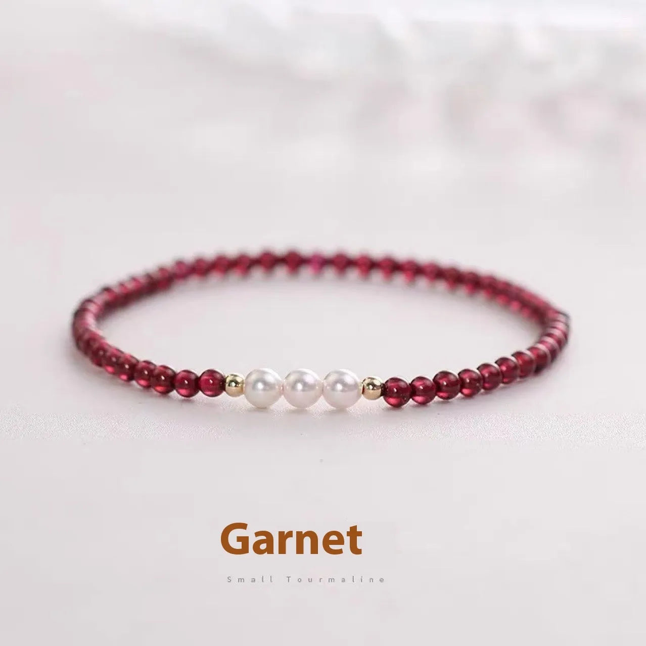 Women's crystal garnet bracelet with artificial pearl beads in 3mm or 4mm sizing options