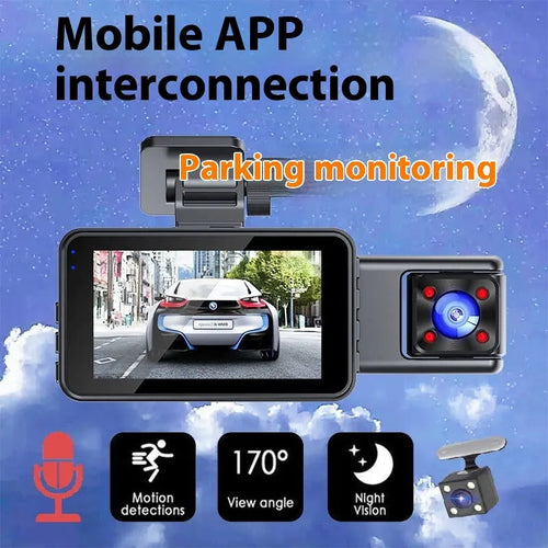 Black 3 lens car dash cam with 3 inch screen, shown mounted on a vehicle windshield.