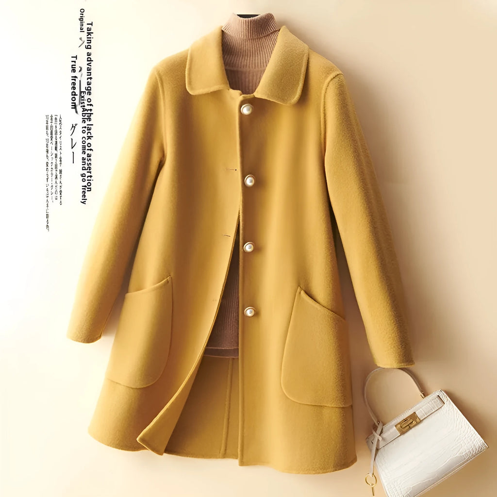 Women's double-faced wool coat with doll collar and pearl buckle in mid-length cut
