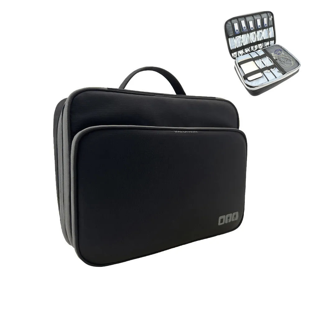Grey three-layer travel storage bag with sewing line detailing and waterproof polyester construction
