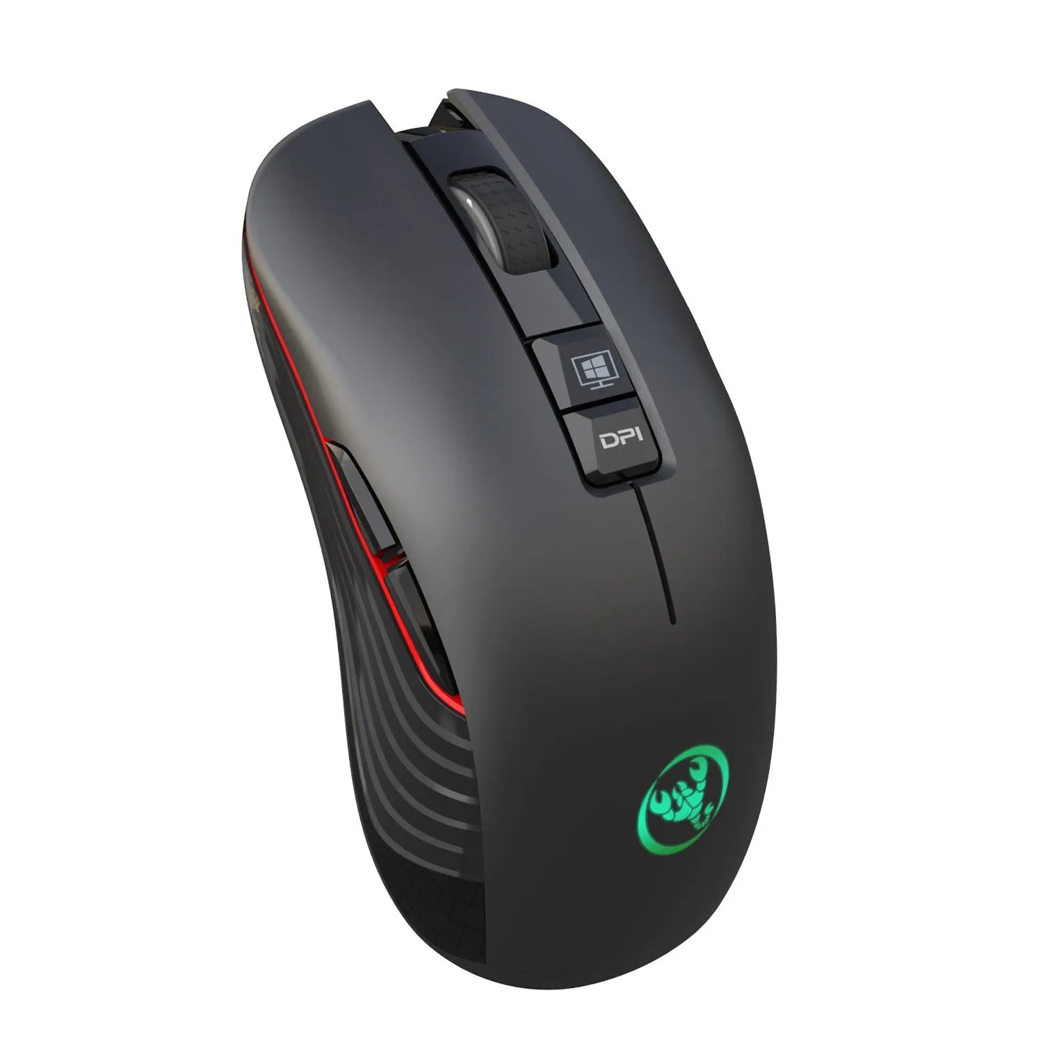 Black wireless gaming mouse with seven colour breathing lights showing adjustable DPI buttons and ergonomic shape