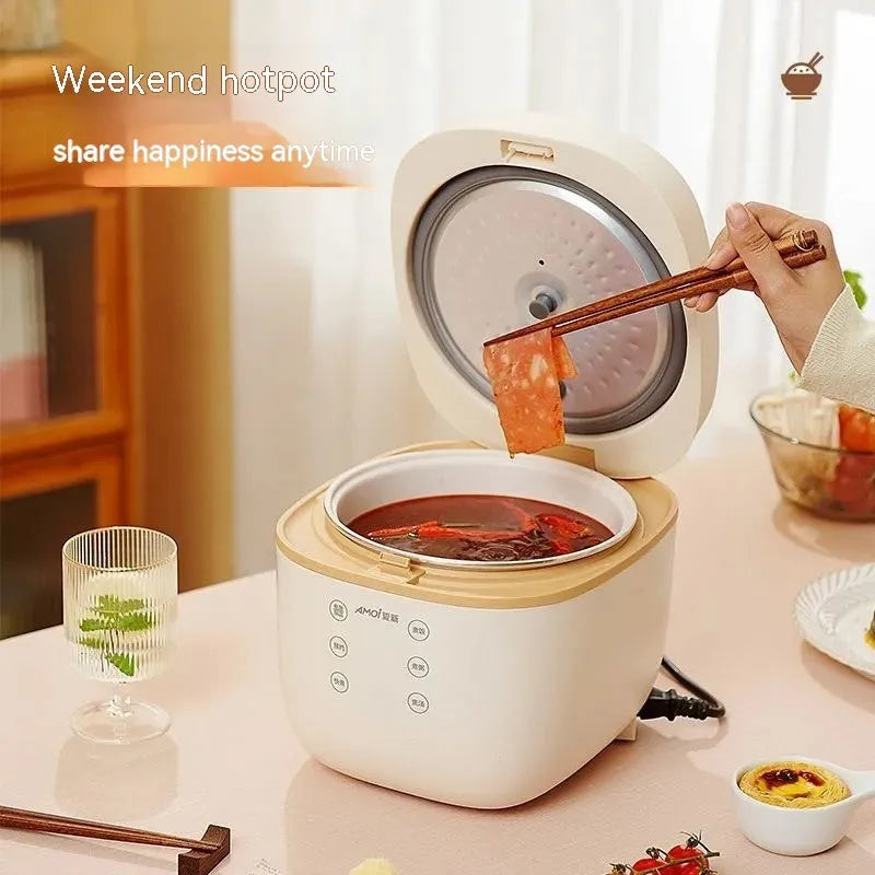 White or beige 3-litre rice cooker with black inner pot and included accessories