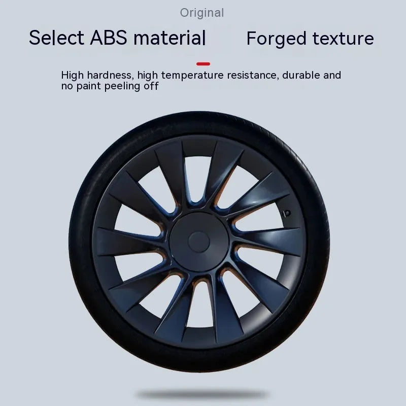 Set of four plastic wheel hub covers for a Tesla Model Y, showing colour options.