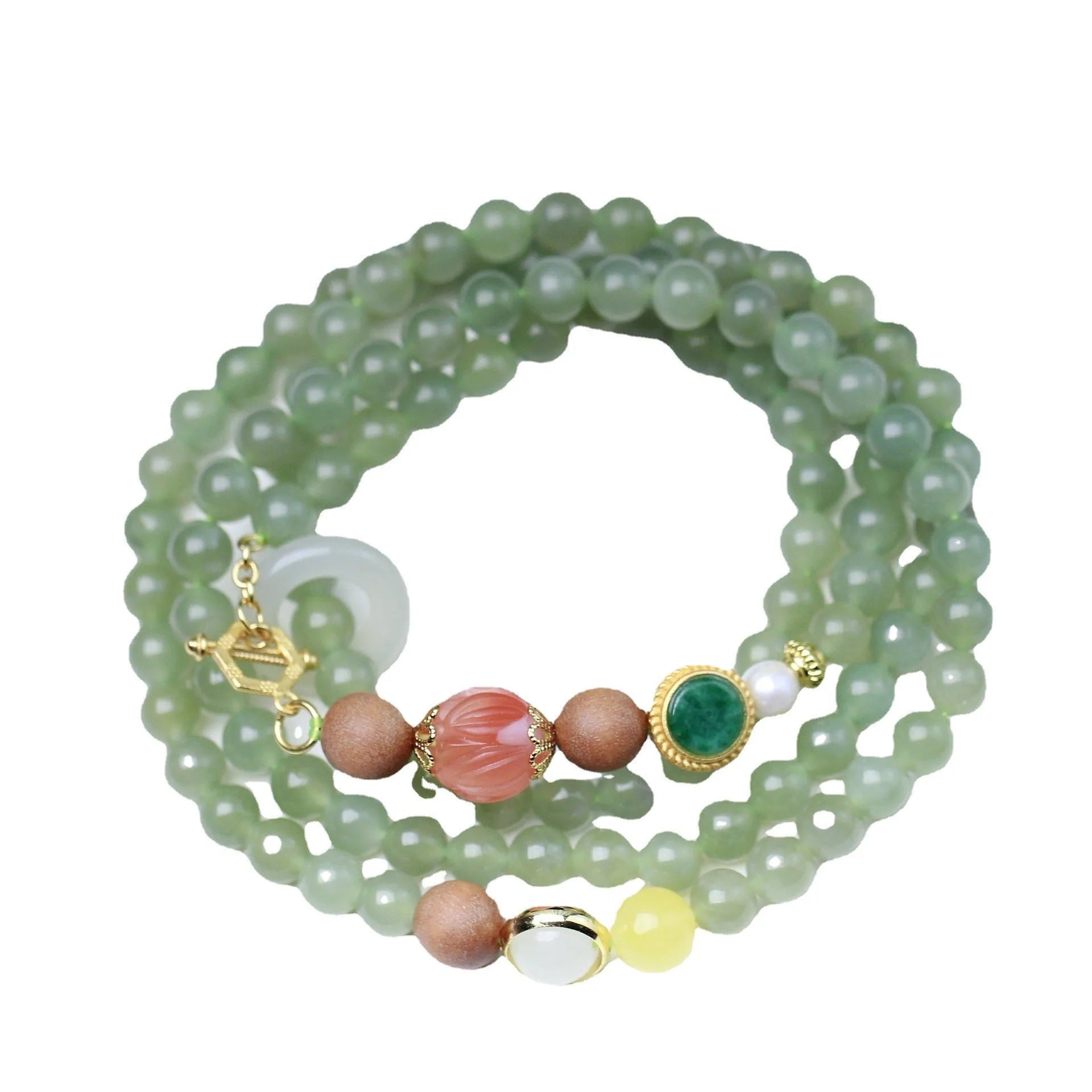 Natural Hetian jade hand red lotus beads necklace with white sandalwood beeswax elements and matching bracelet