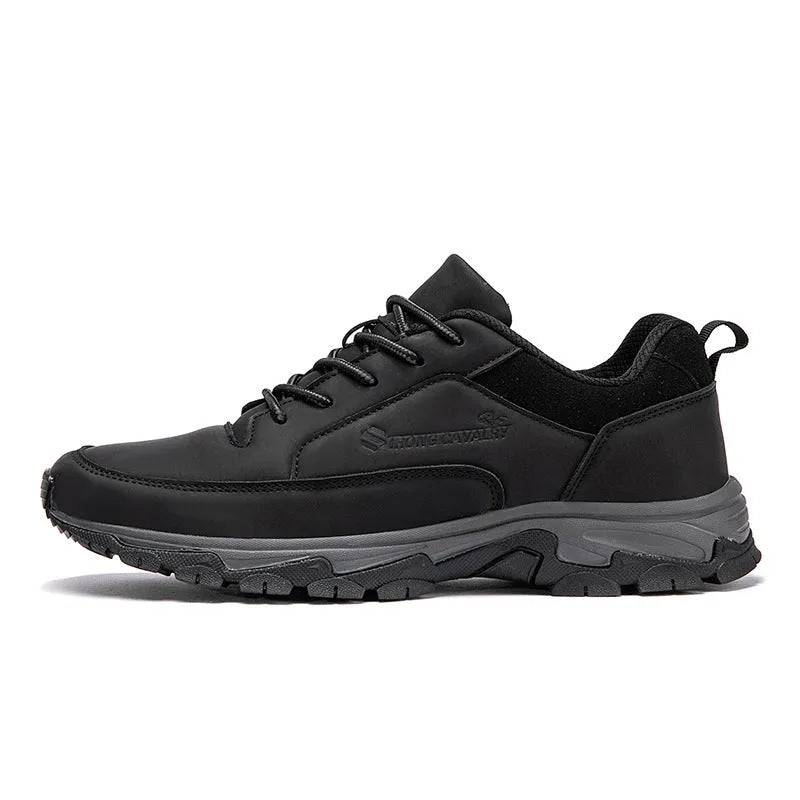 Men's black leather waterproof deodorant casual board shoes with front lace-up, side view