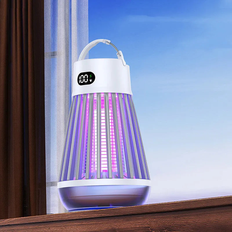 Digital display mosquito killer lamp with electric shock grid, white colour, on a tabletop with USB cable