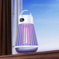 Digital display mosquito killer lamp with electric shock grid, white colour, on a tabletop with USB cable