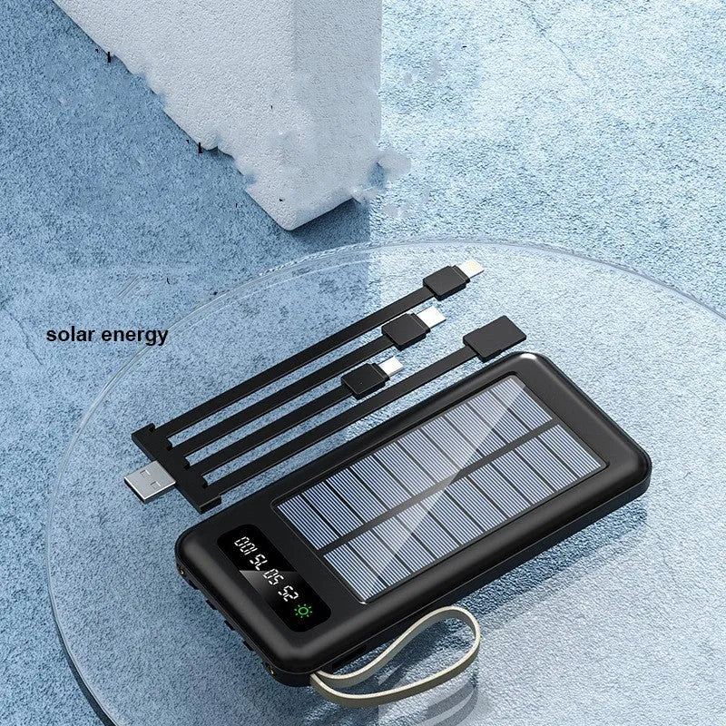 Cool black and ivory white solar power bank with integrated solar panel and multi-interface charging cable