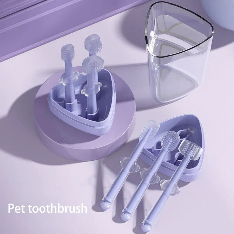 Purple silicone pet toothbrush with long handle for dog and cat dental cleaning